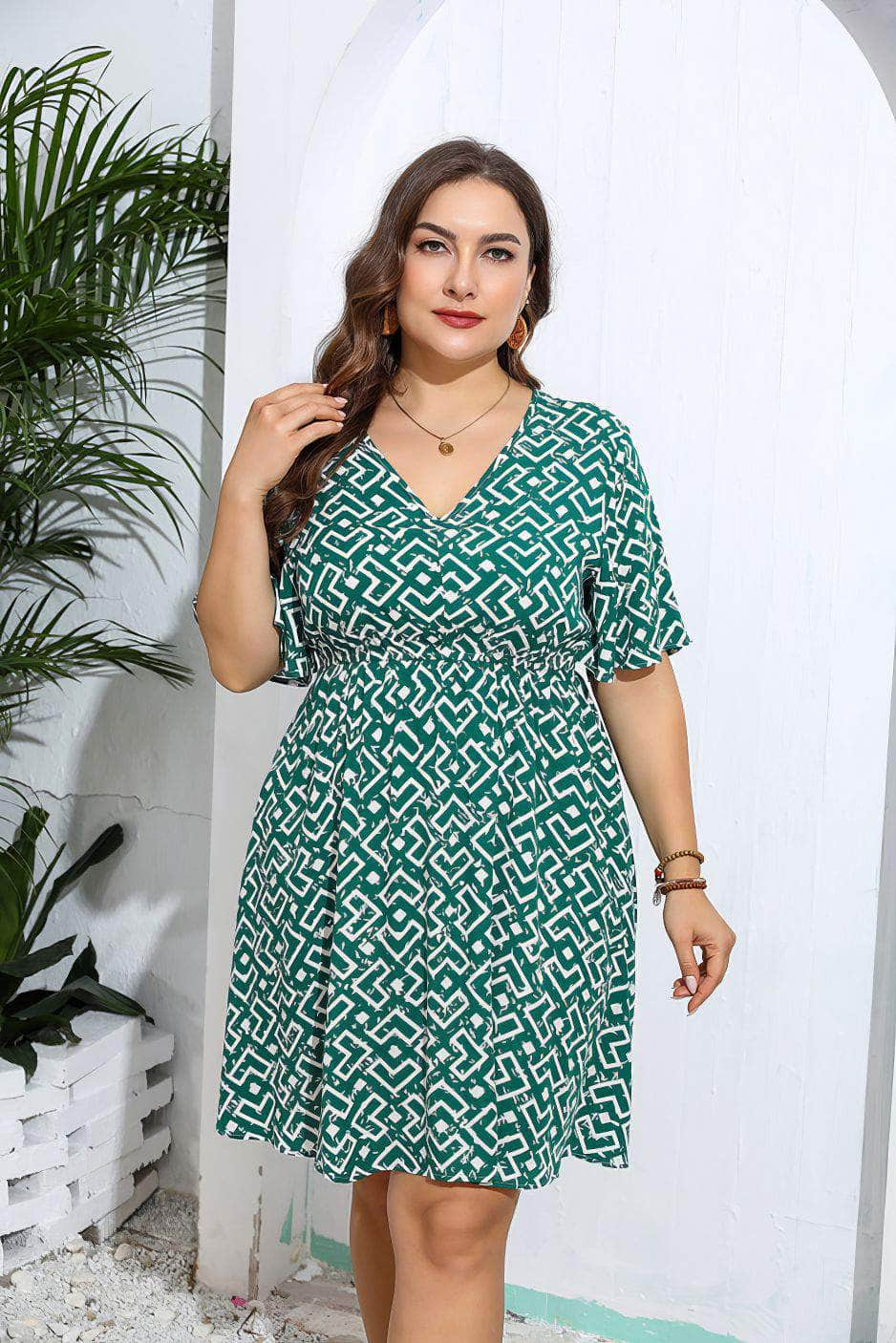 Plus Size Geometric Print V Neck Flared Sleeves Dress