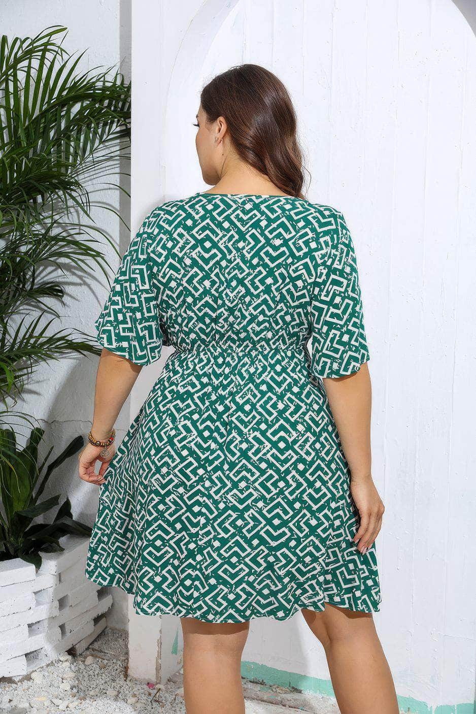 Plus Size Geometric Print V Neck Flared Sleeves Dress