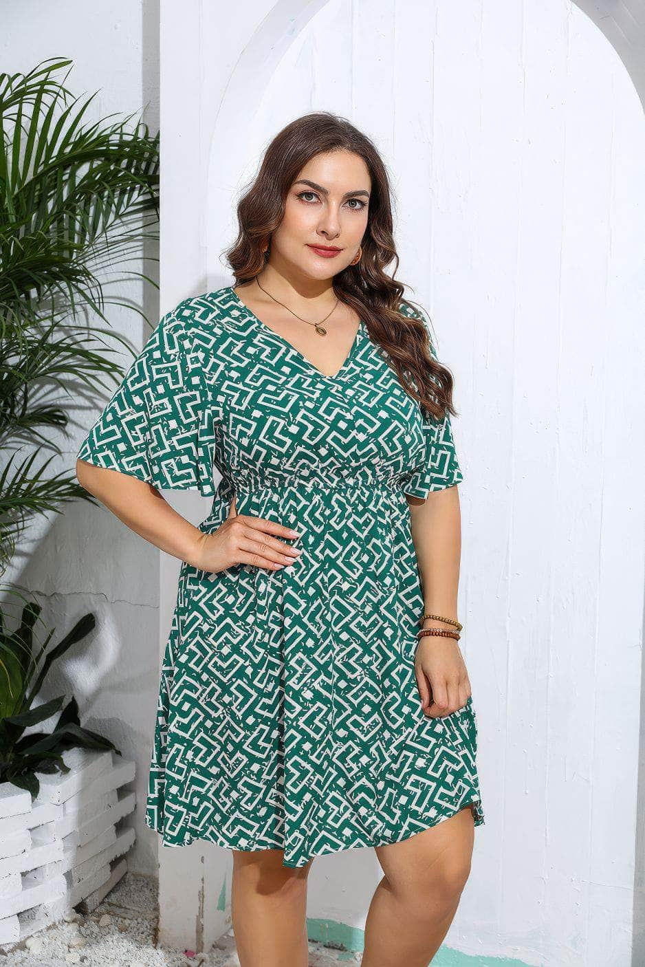 Plus Size Geometric Print V Neck Flared Sleeves Dress