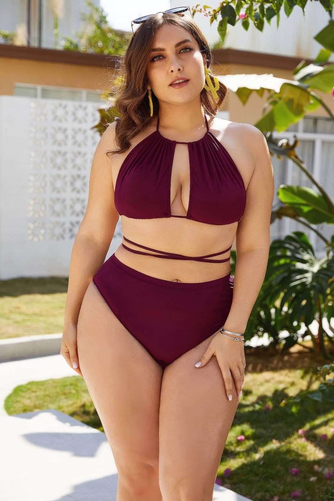 Plus Size High Waist Crisscross Halter Neck Swimwear