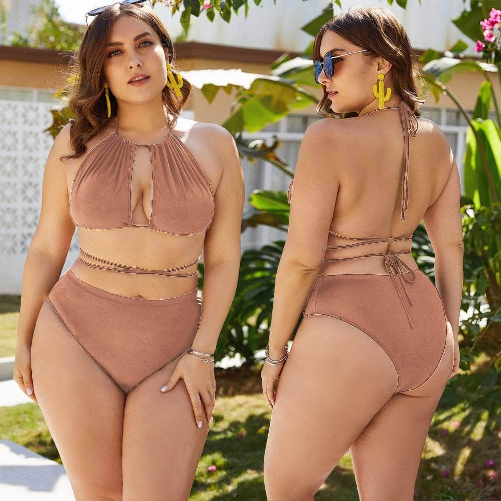 Plus Size High Waist Crisscross Halter Neck Swimwear