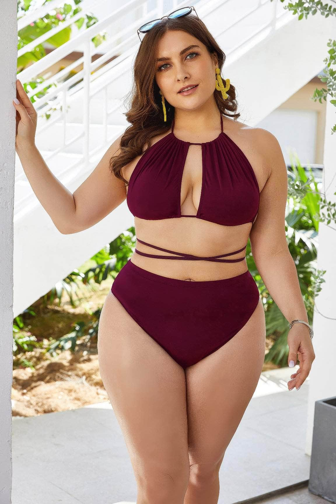 Plus Size High Waist Crisscross Halter Neck Swimwear