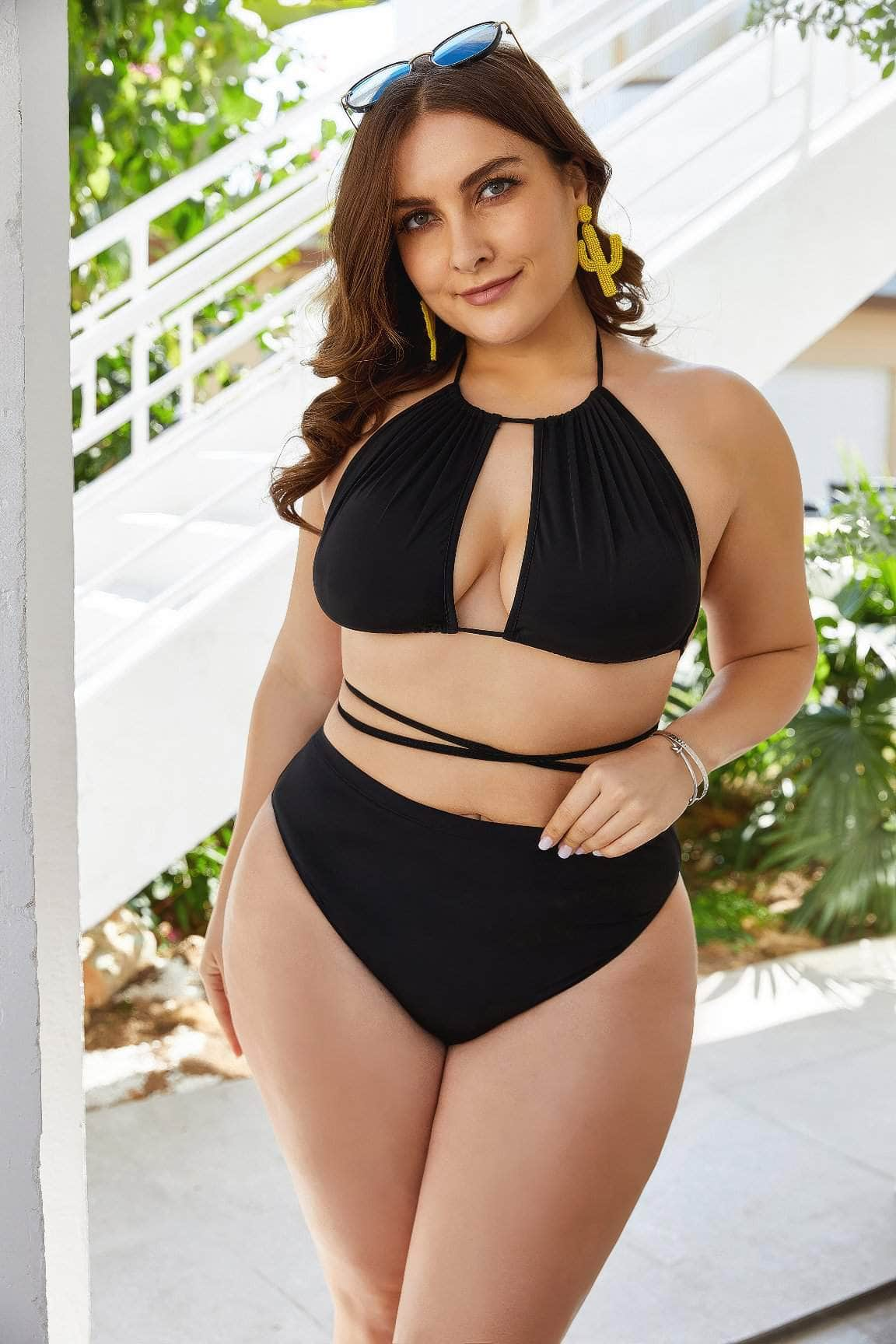 Plus Size High Waist Crisscross Halter Neck Swimwear US 4-6 / Black