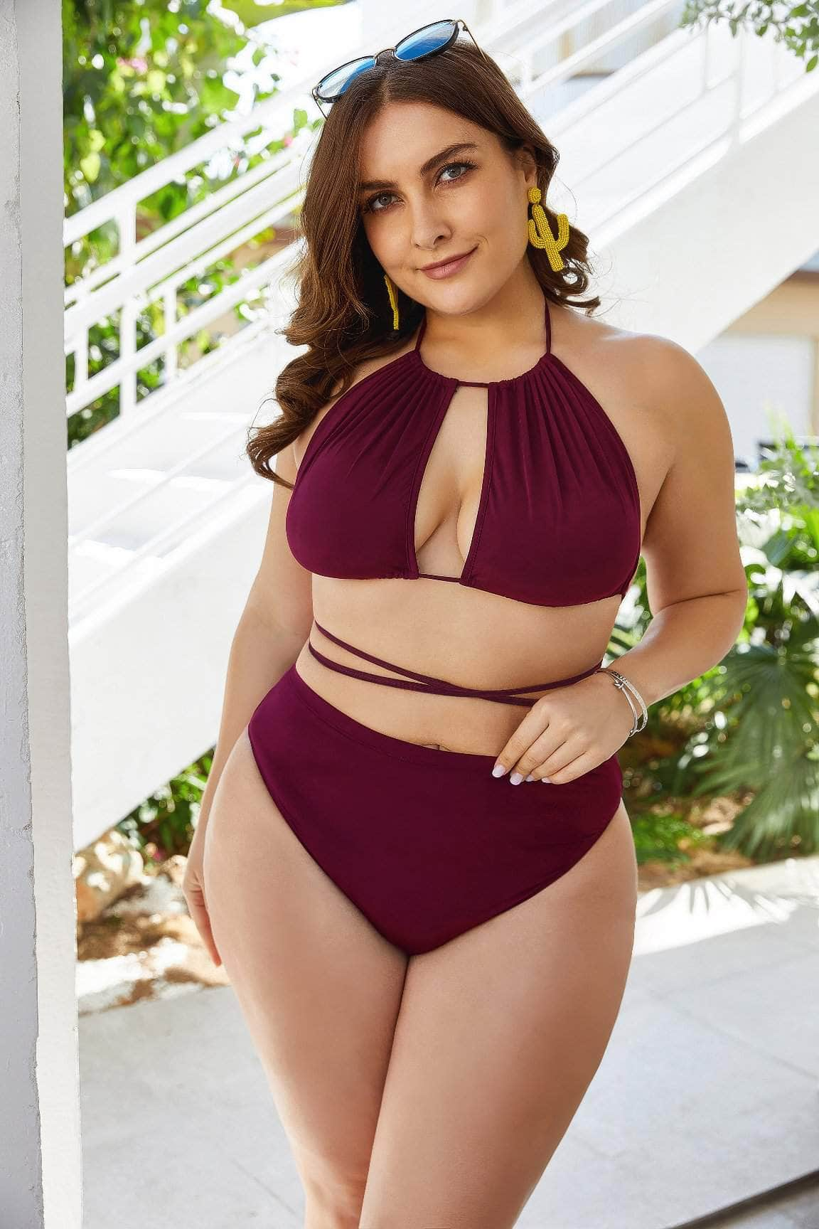 Plus Size High Waist Crisscross Halter Neck Swimwear US 4-6 / Maroon