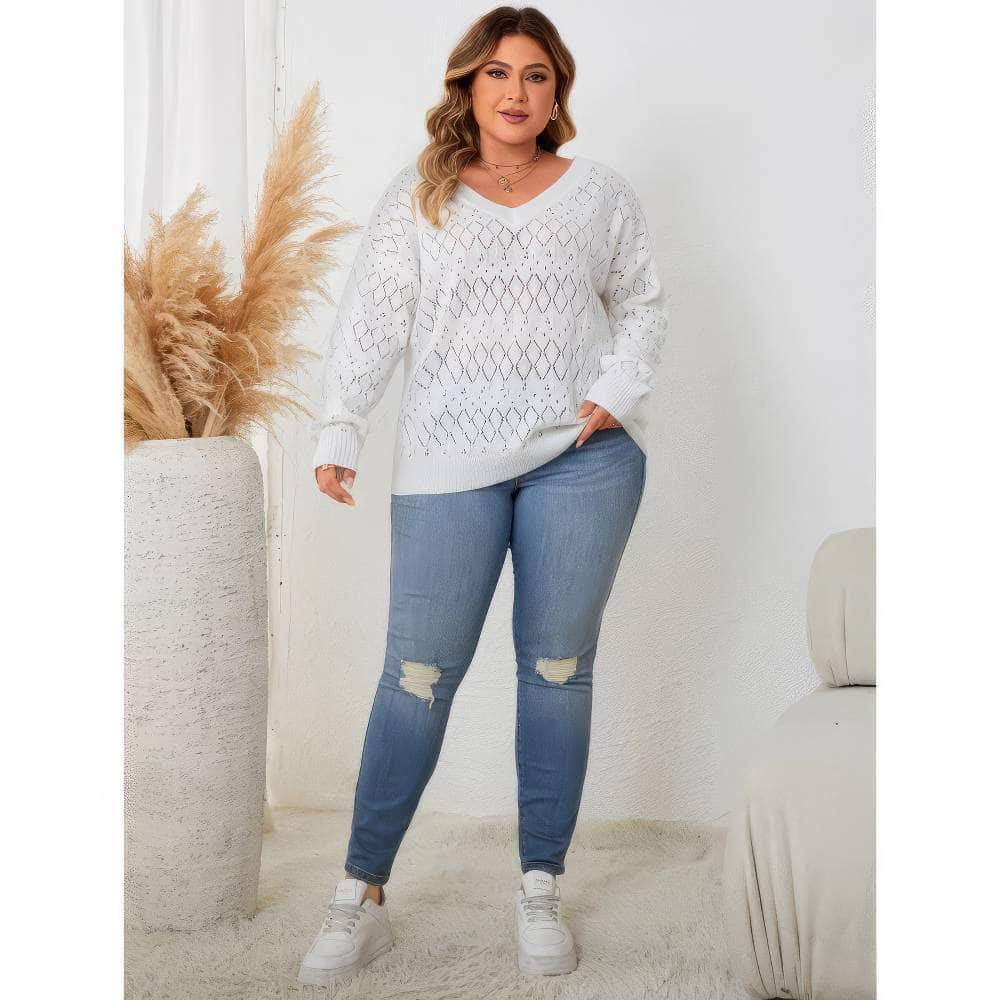 Plus Size Knitted Pointelle Lace Sweater Top