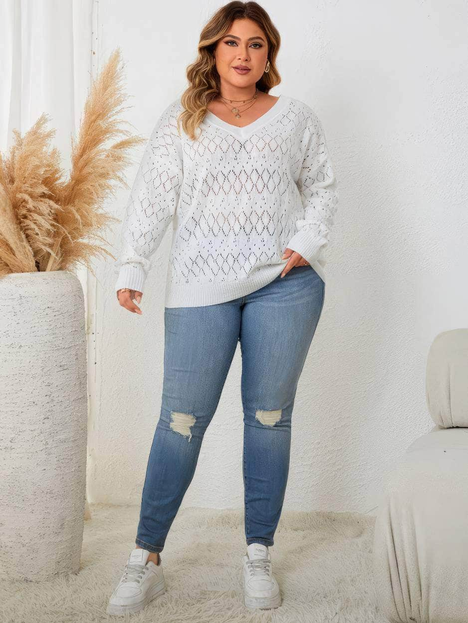 Plus Size Knitted Pointelle Lace Sweater Top US 16-18 / White