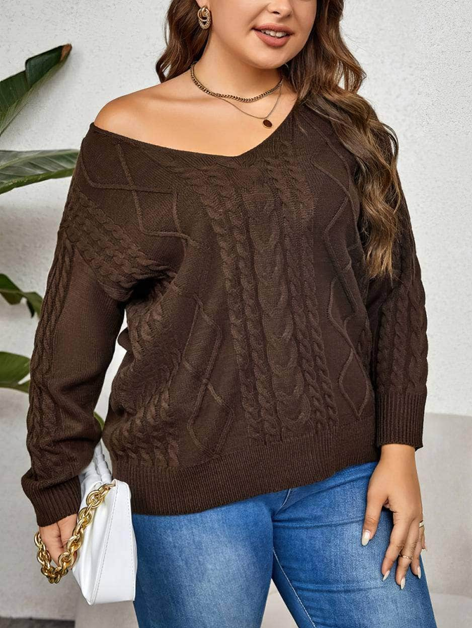 Plus Size Knitted Pullover Cable Knit Sweater Top US 16-18 / SaddleBrown