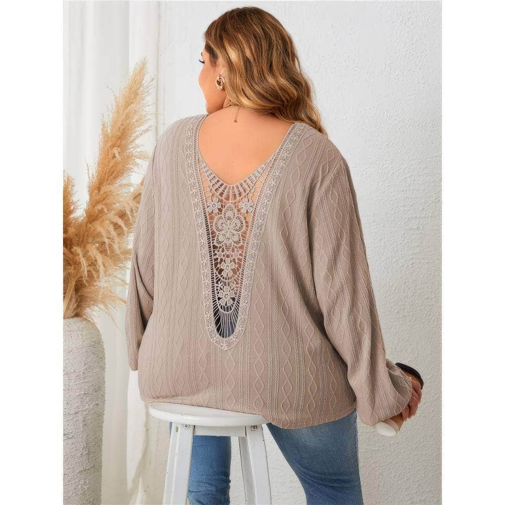 Plus Size Lace Detailed V-Neck Long Sleeves Blouse