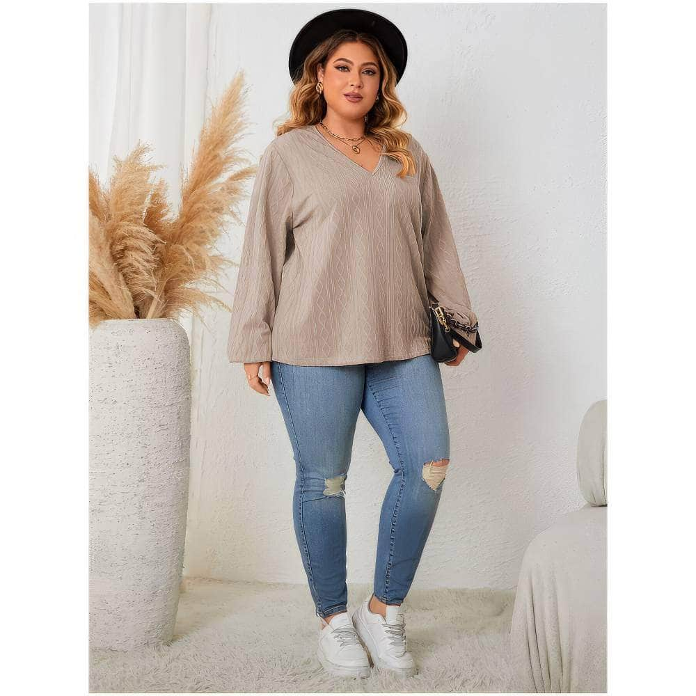 Plus Size Lace Detailed V-Neck Long Sleeves Blouse