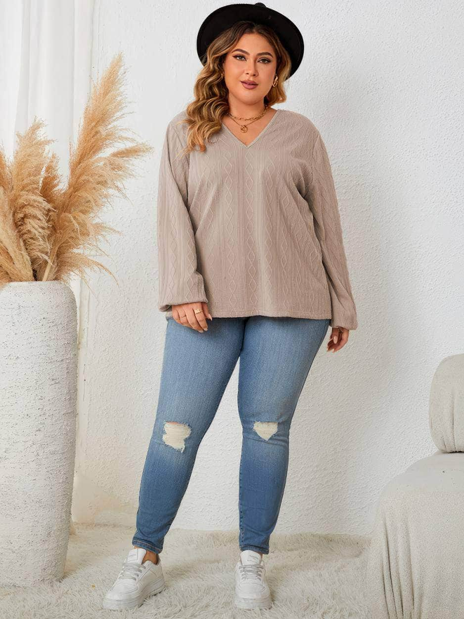 Plus Size Lace Detailed V-Neck Long Sleeves Blouse US 16-18 / PeachPuff