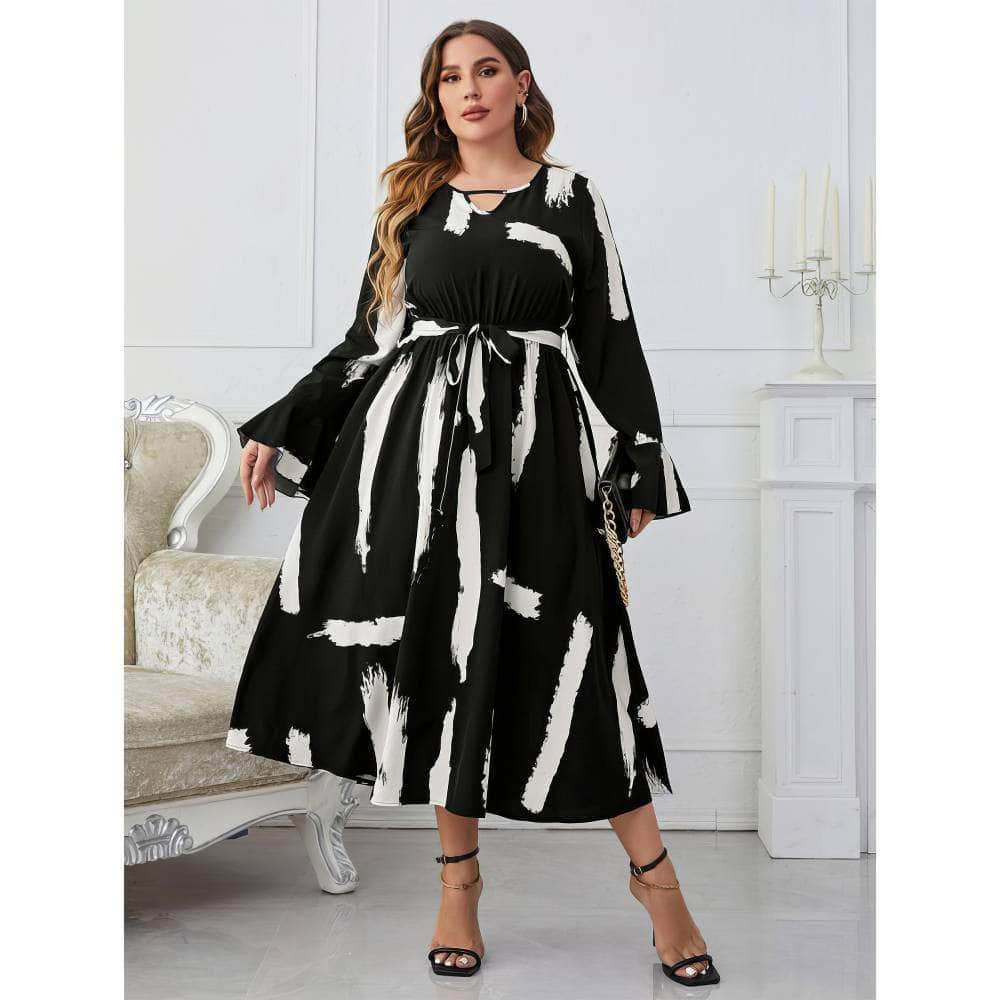 Plus Size Lantern Flared Sleeves Print Flared Dress