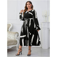 Plus Size Lantern Flared Sleeves Print Flared Dress