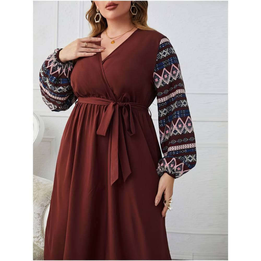 Plus Size Lantern Sleeves Bohemian Detailed Flared Dress