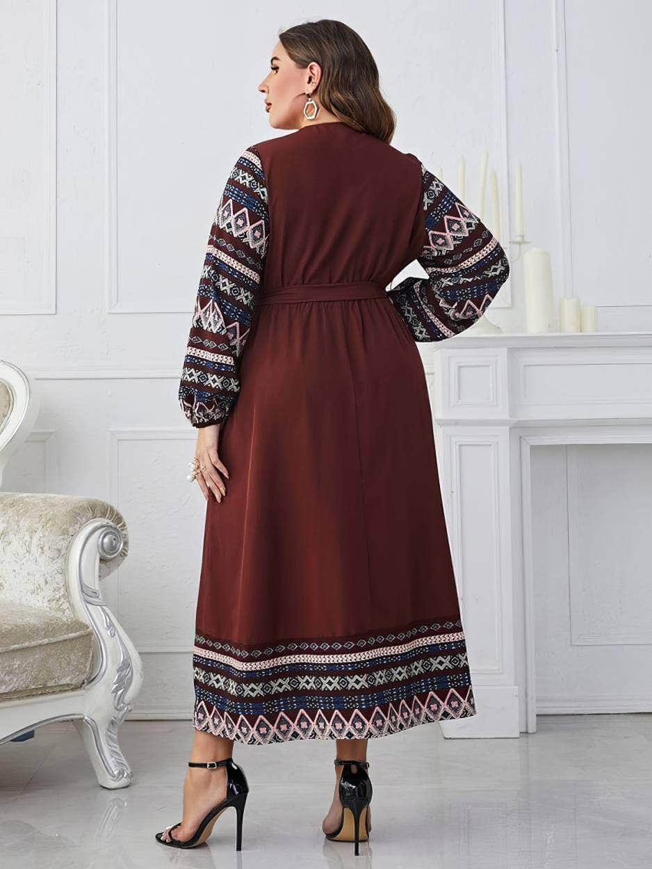 Plus Size Lantern Sleeves Bohemian Detailed Flared Dress