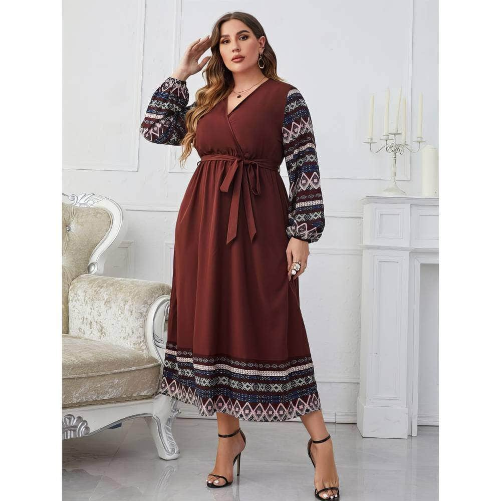 Plus Size Lantern Sleeves Bohemian Detailed Flared Dress