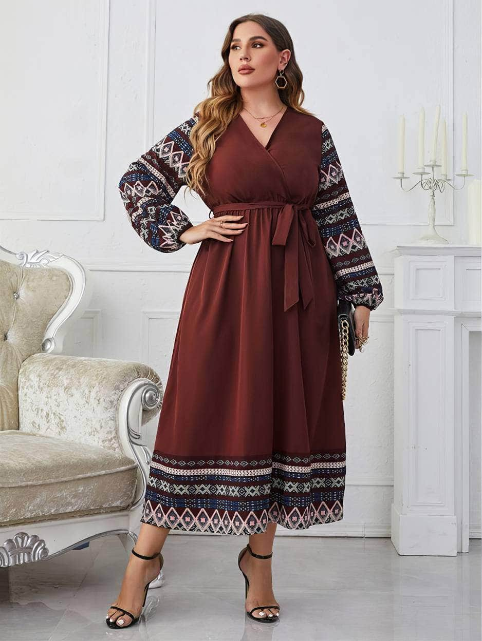 Plus Size Lantern Sleeves Bohemian Detailed Flared Dress US 16-18 / Brown