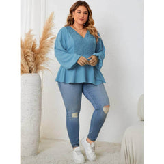 Plus Size Lantern Sleeves Embroidered Peplum Top