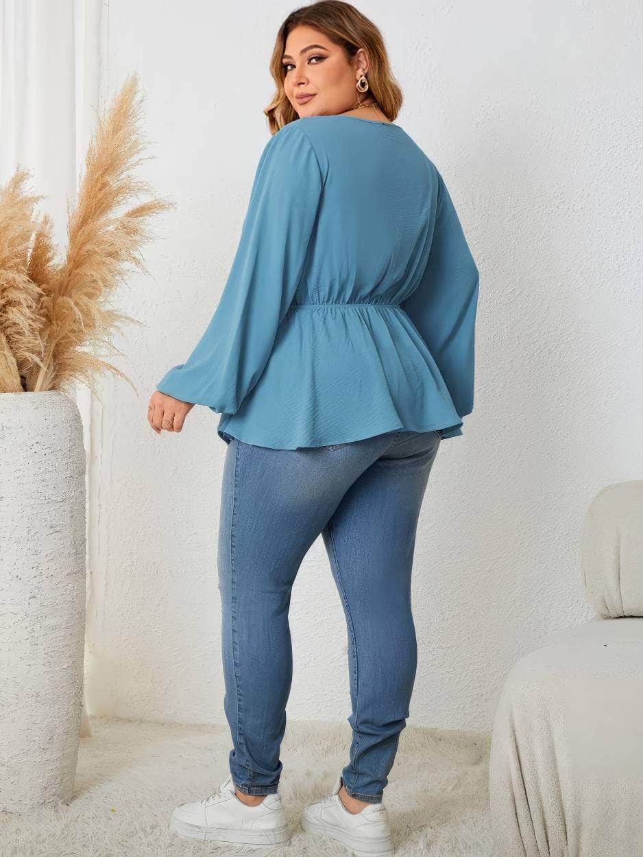 Plus Size Lantern Sleeves Embroidered Peplum Top