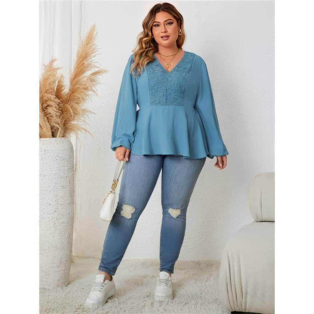 Plus Size Lantern Sleeves Embroidered Peplum Top