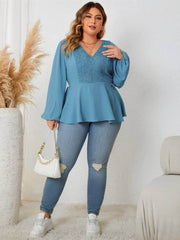 Plus Size Lantern Sleeves Embroidered Peplum Top US 16-18 / SkyBlue