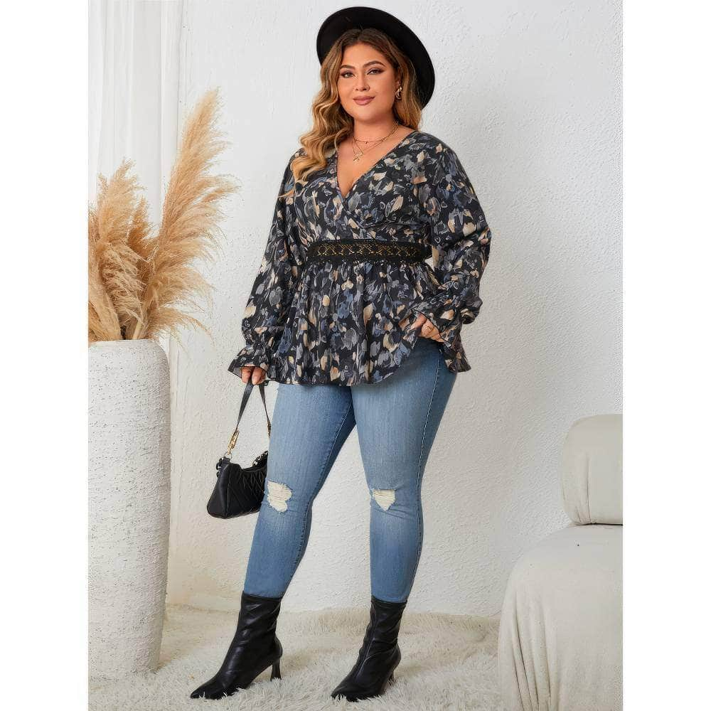 Plus Size Lantern Sleeves Floral Print Smock Blouse