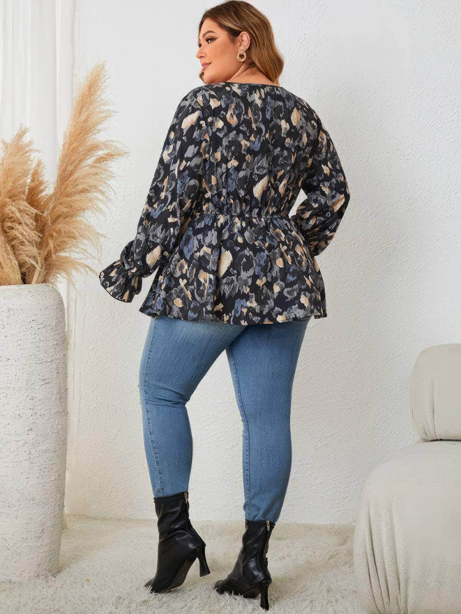 Plus Size Lantern Sleeves Floral Print Smock Blouse