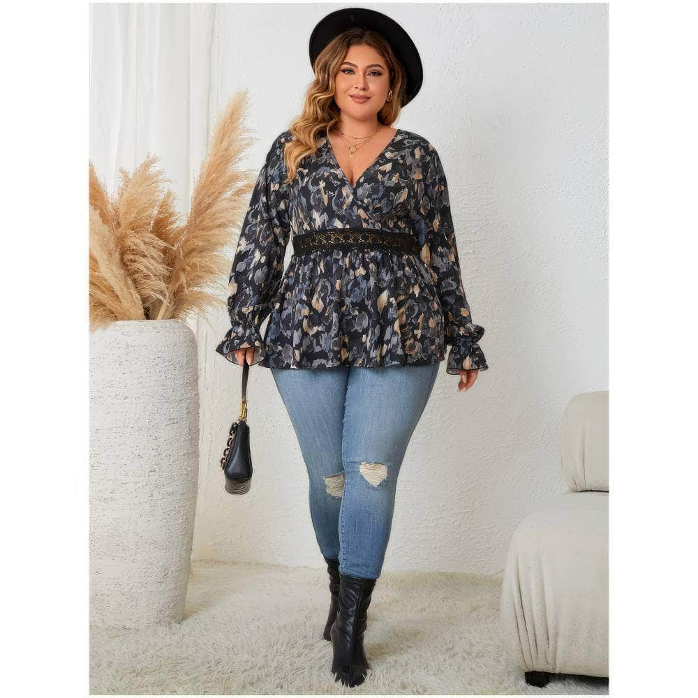 Plus Size Lantern Sleeves Floral Print Smock Blouse