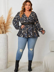 Plus Size Lantern Sleeves Floral Print Smock Blouse US 16-18 / Black