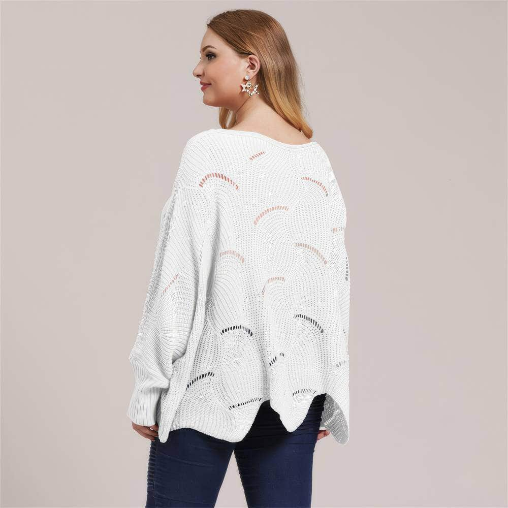 Plus Size Lantern Sleeves Rib Knot Hollow Loose Sweater