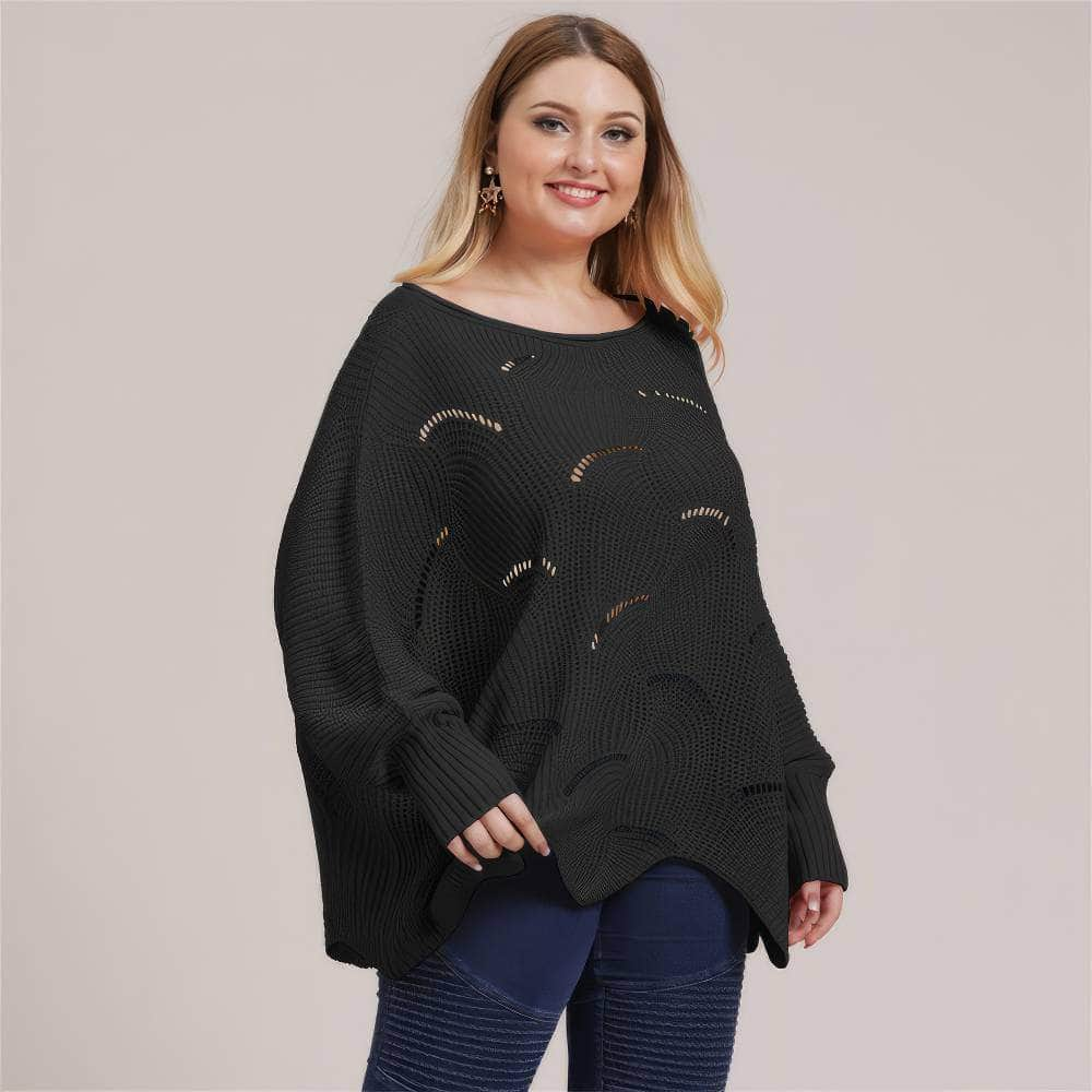 Plus Size Lantern Sleeves Rib Knot Hollow Loose Sweater