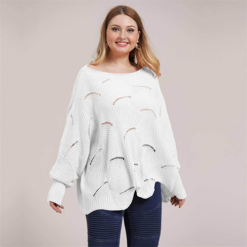 Plus Size Lantern Sleeves Rib Knot Hollow Loose Sweater