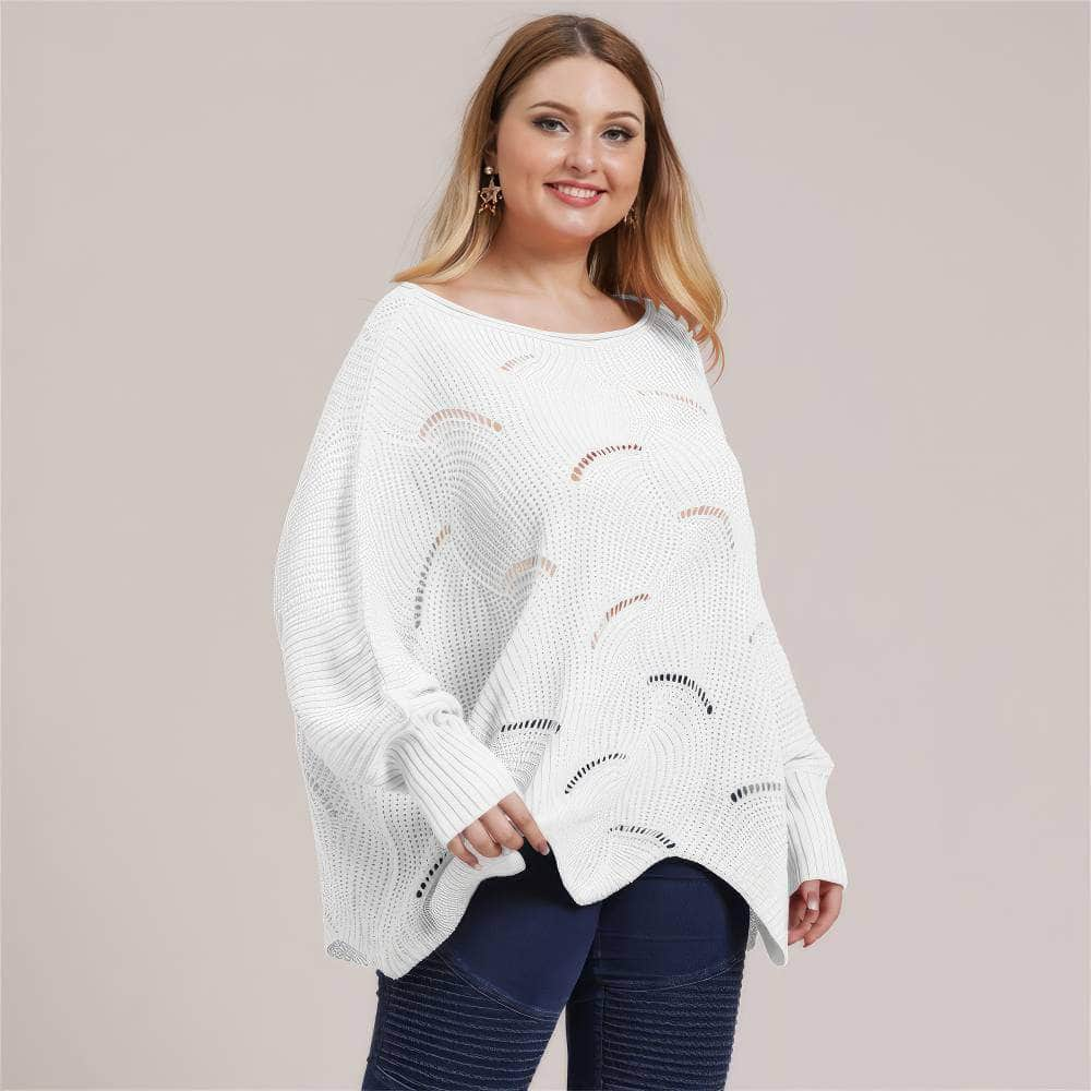 Plus Size Lantern Sleeves Rib Knot Hollow Loose Sweater