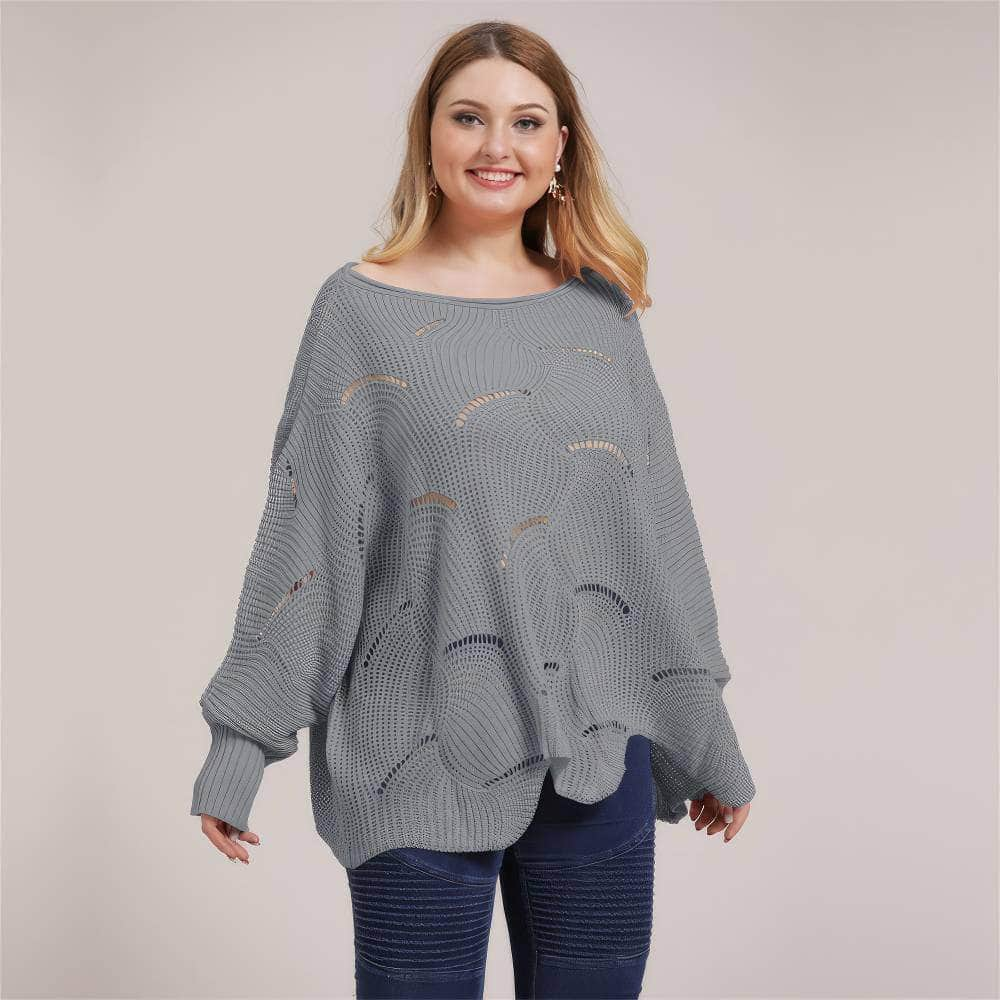 Plus Size Lantern Sleeves Rib Knot Hollow Loose Sweater