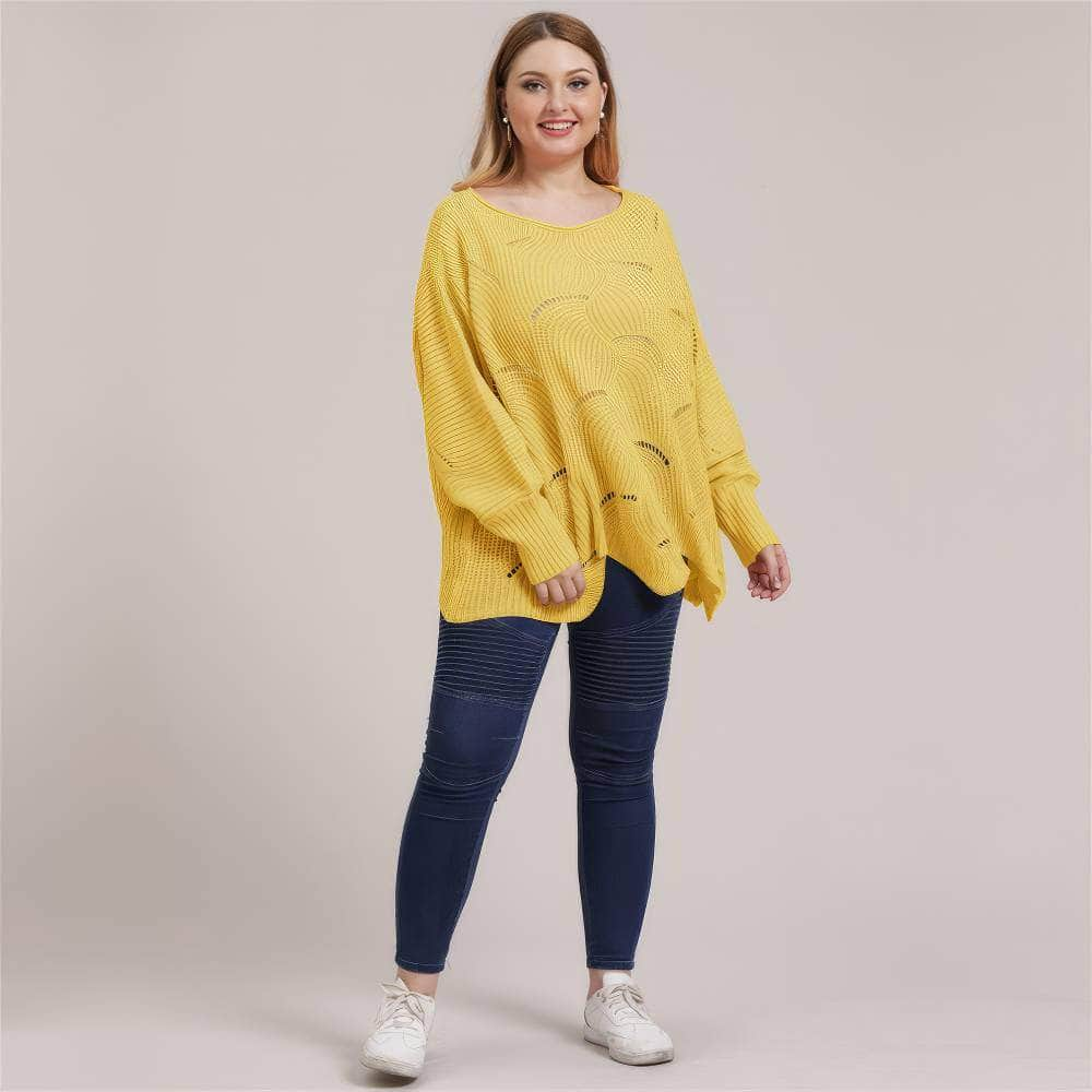 Plus Size Lantern Sleeves Rib Knot Hollow Loose Sweater