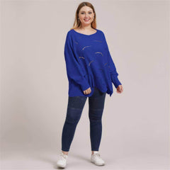 Plus Size Lantern Sleeves Rib Knot Hollow Loose Sweater US 12-14 / Blue