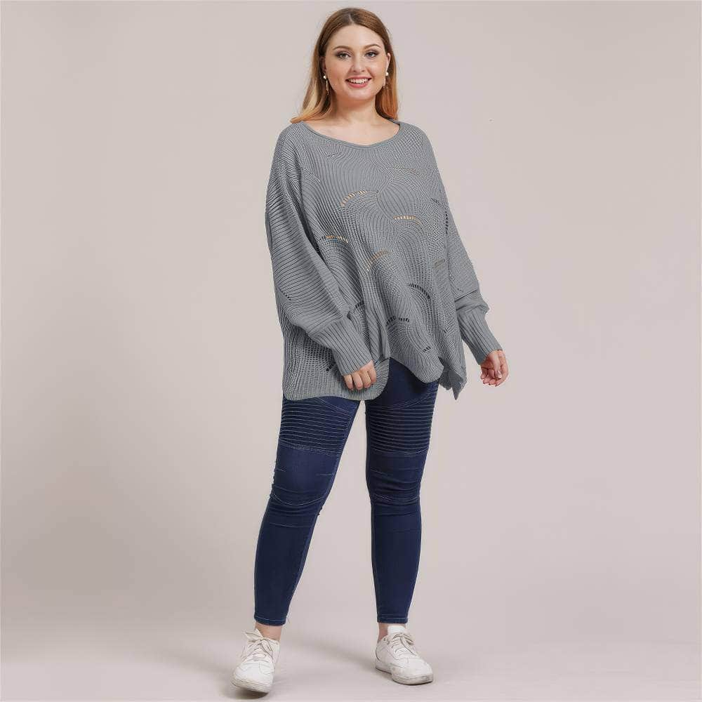 Plus Size Lantern Sleeves Rib Knot Hollow Loose Sweater US 12-14 / Gray