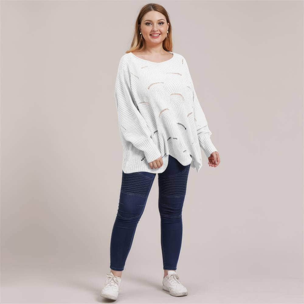 Plus Size Lantern Sleeves Rib Knot Hollow Loose Sweater US 12-14 / White