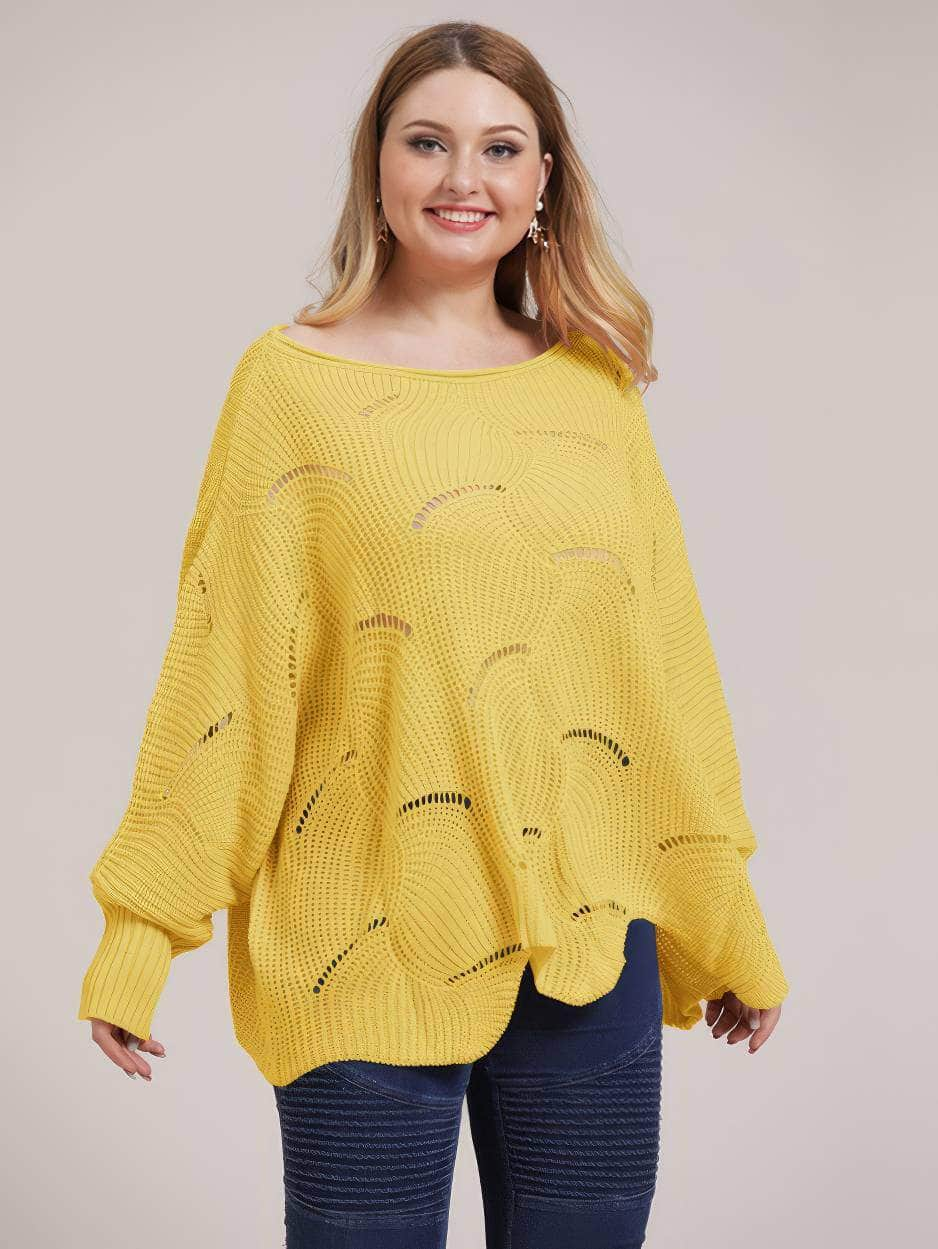 Plus Size Lantern Sleeves Rib Knot Hollow Loose Sweater US 12-14 / Yellow