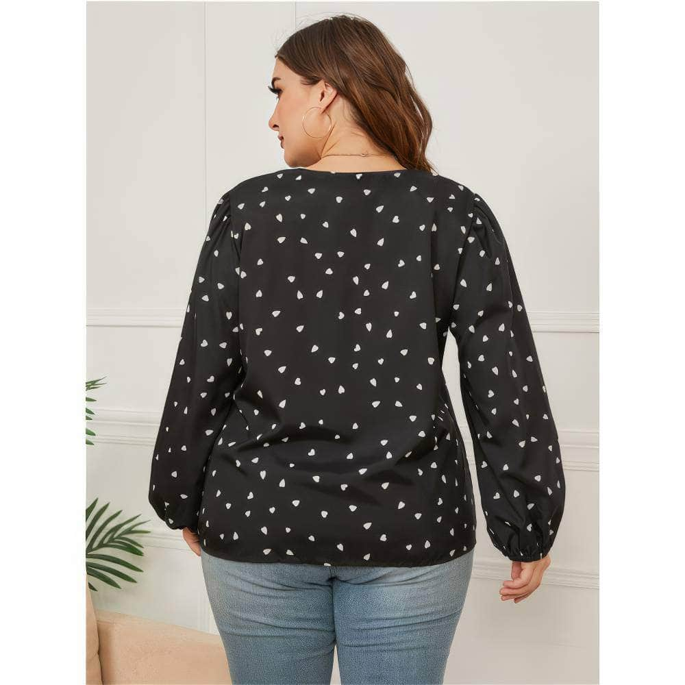 Plus Size Lantern Sleeves V-neck Polka Dot Blouse