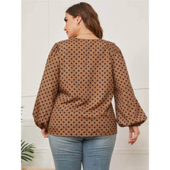 Plus Size Lantern Sleeves V-neck Polka Dot Blouse