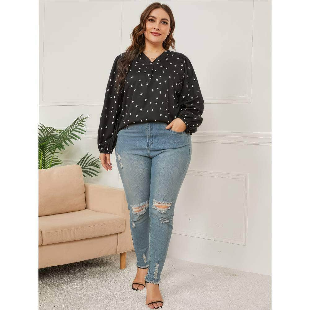 Plus Size Lantern Sleeves V-neck Polka Dot Blouse