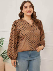 Plus Size Lantern Sleeves V-neck Polka Dot Blouse