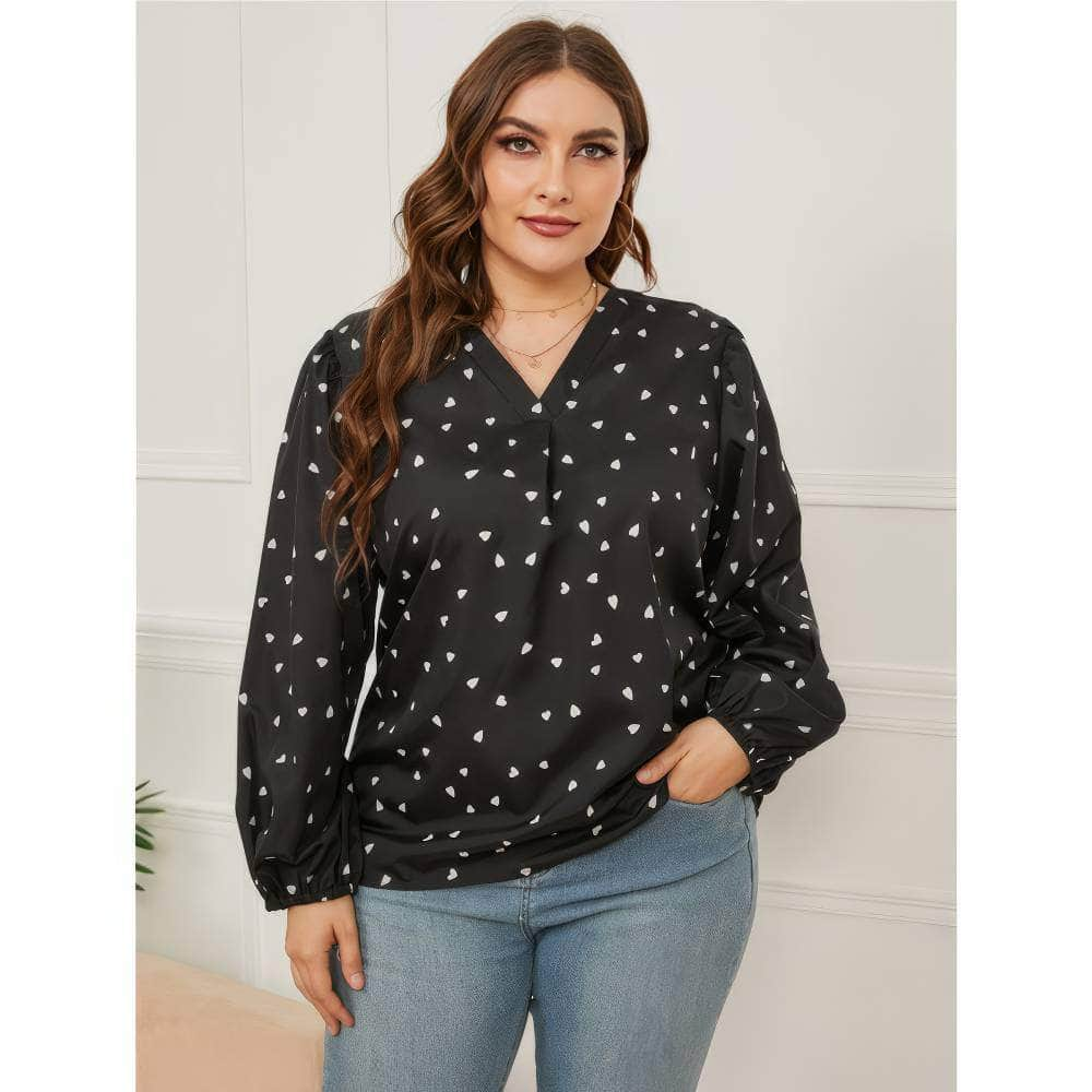 Plus Size Lantern Sleeves V-neck Polka Dot Blouse