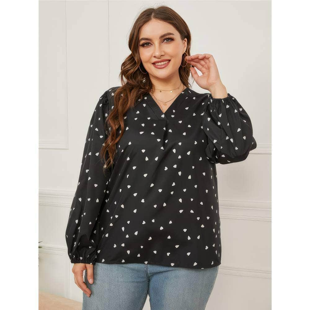 Plus Size Lantern Sleeves V-neck Polka Dot Blouse