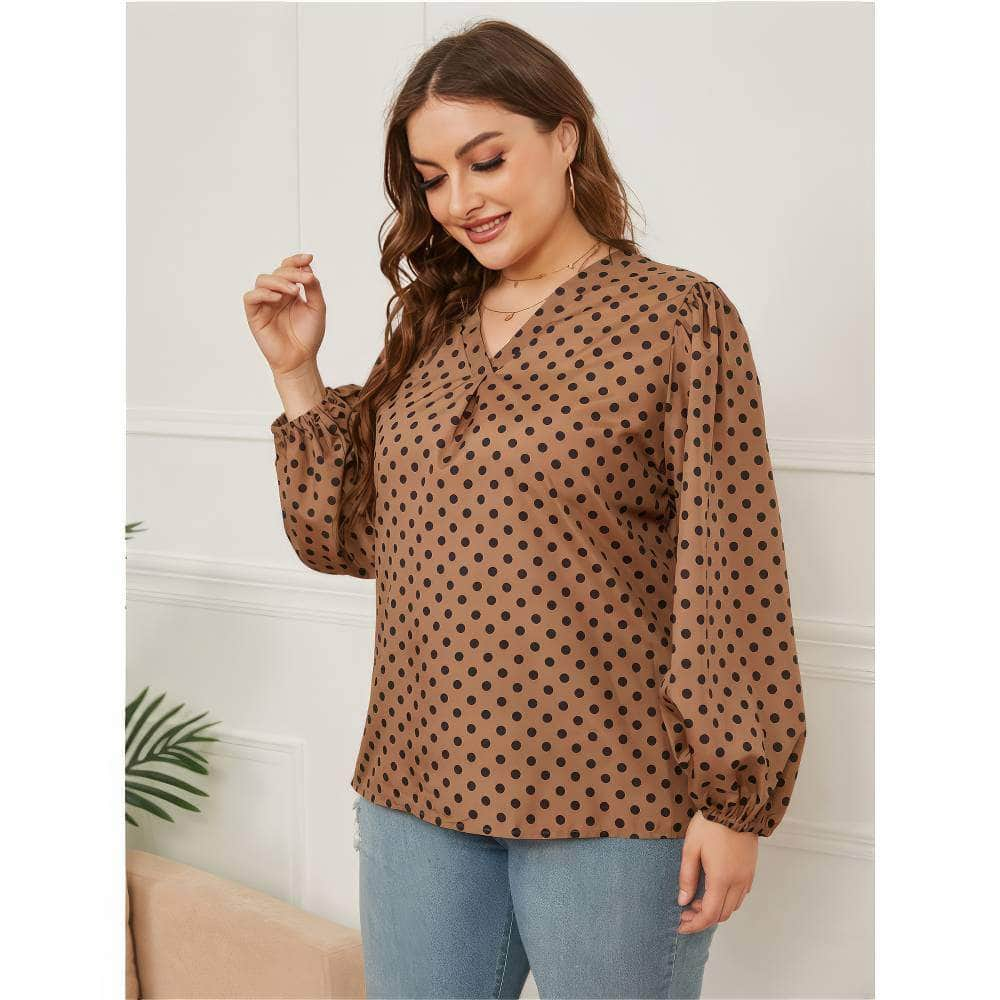 Plus Size Lantern Sleeves V-neck Polka Dot Blouse