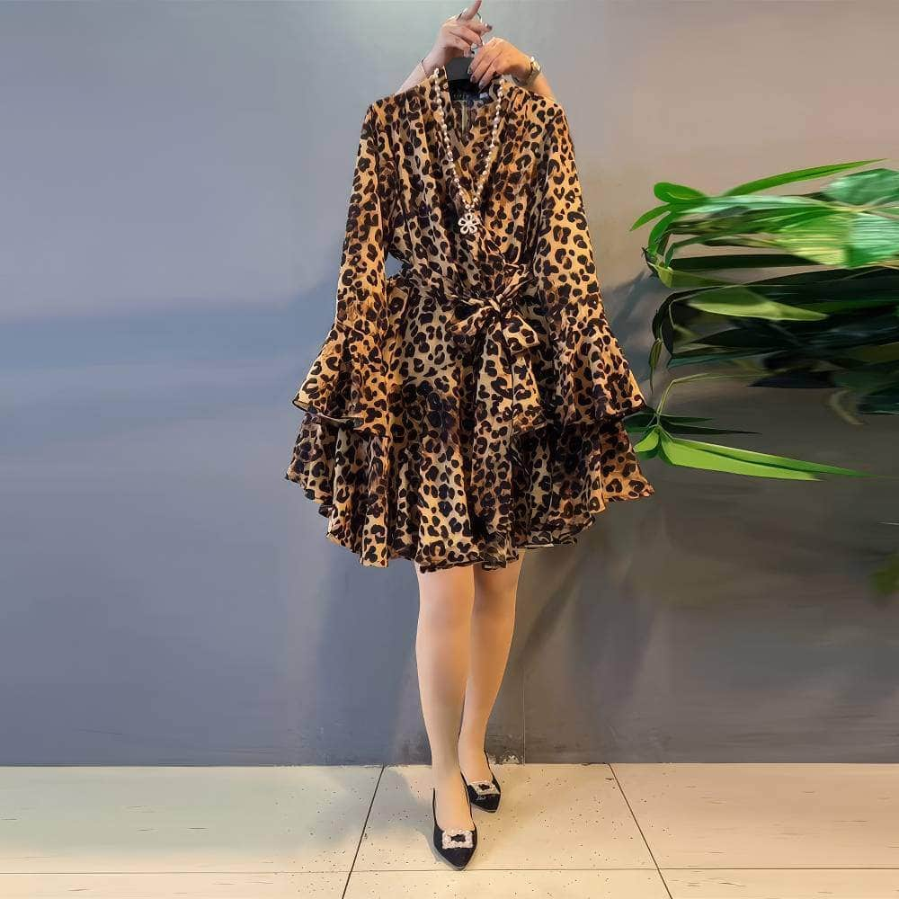 Plus Size Leopard Print Frill Tiered Skater Dress