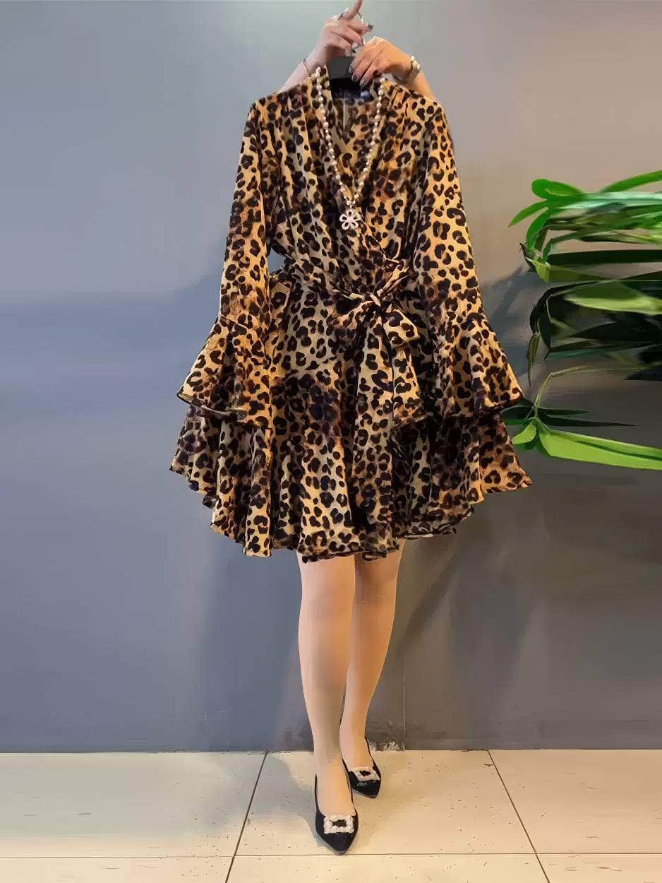 Plus Size Leopard Print Frill Tiered Skater Dress