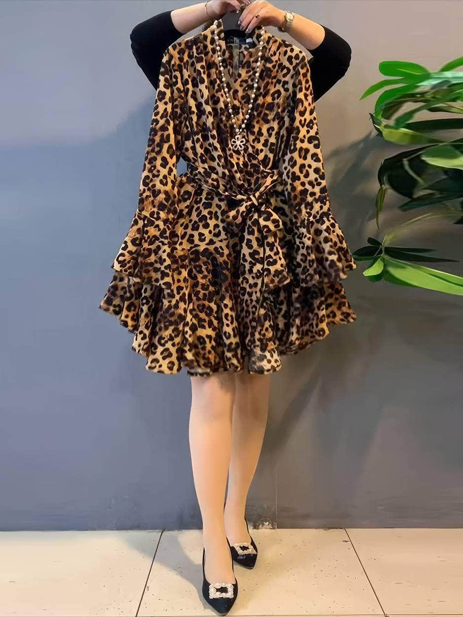 Plus Size Leopard Print Frill Tiered Skater Dress