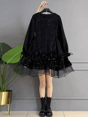 Plus Size Long Sleeves Drawstring Sequin Mesh Ruffled Dress