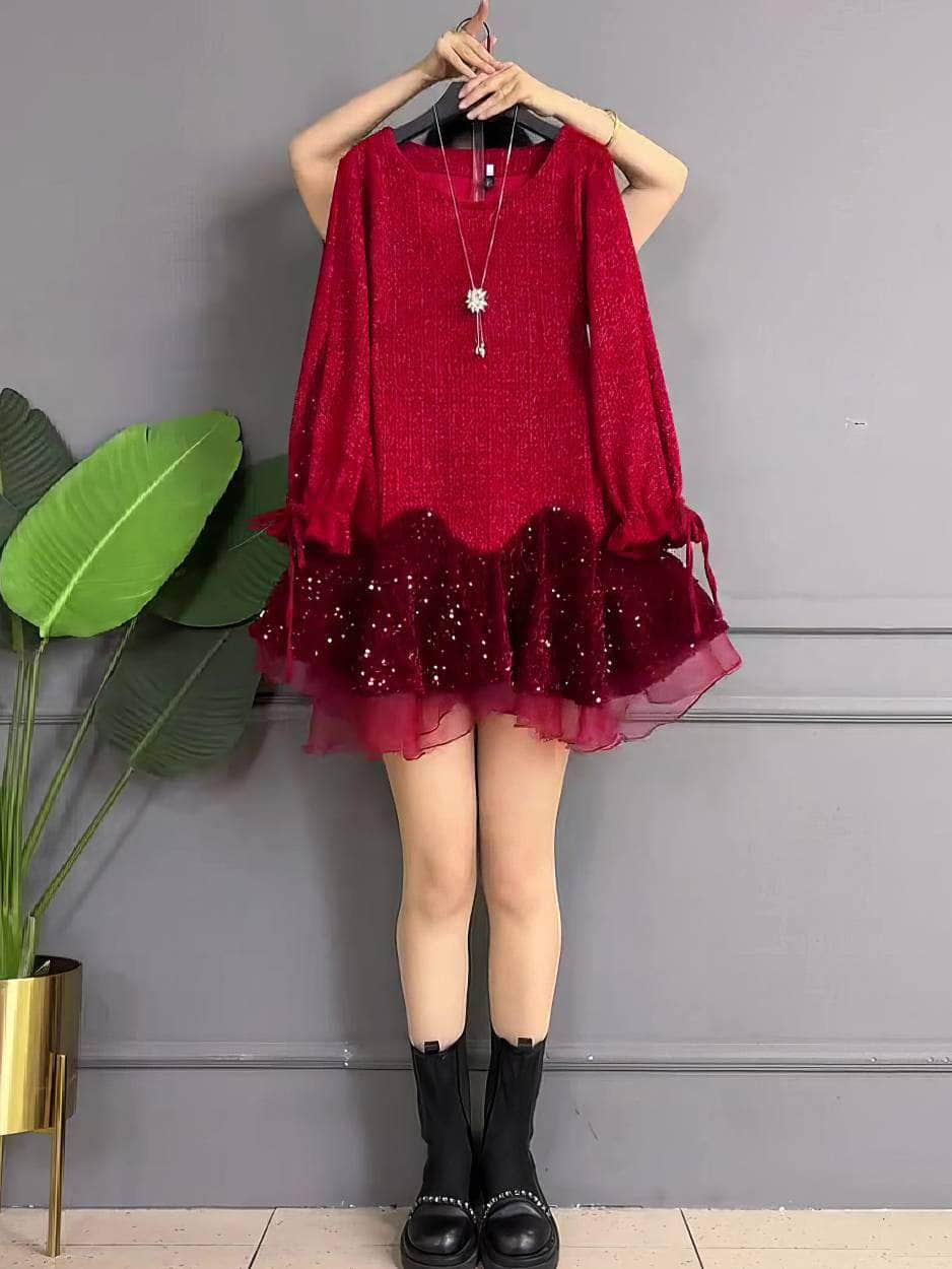 Plus Size Long Sleeves Drawstring Sequin Mesh Ruffled Dress